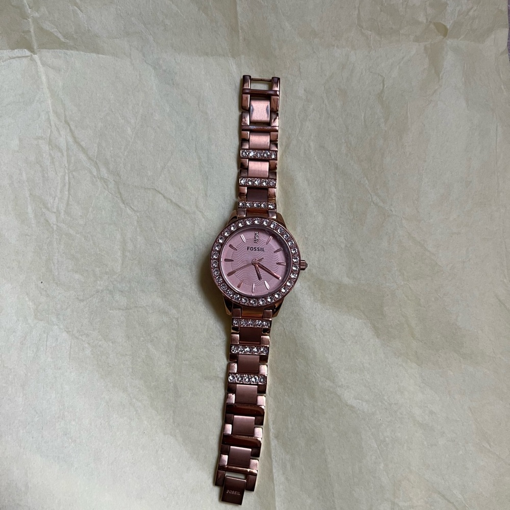 Fossil Rose Gold-Tone Crystal Bracelet Watch with Pink Dial